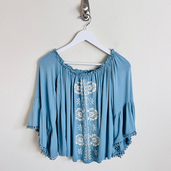 Altar’d State Blue Bardot Off Shoulder Cream Embroidered Bell Sleeve Blouse - Picture 2 of 15
